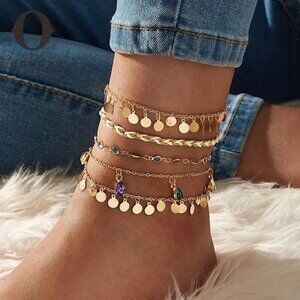 NWT Gold Anklets Ankle Bracelet Set 5PCs Braided Crystals Charms Green Blue